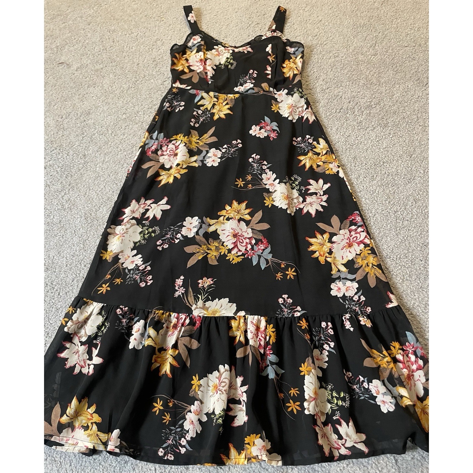 Tuchuzy Floral Midi Dress Sz S Black Yellow Smocked Ruffles Boho Party — image 4 of 8